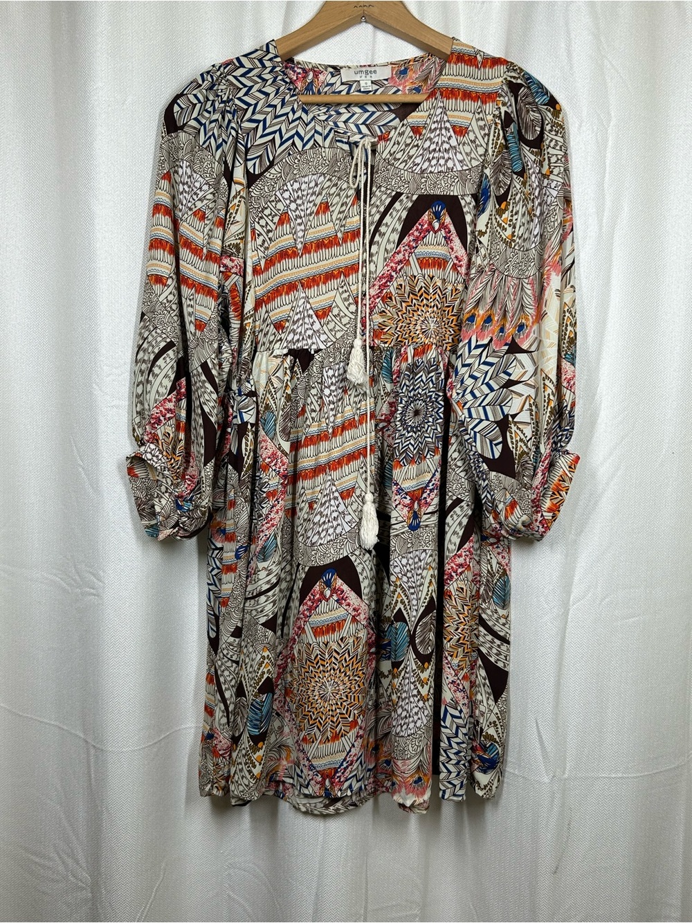 Umgee Boho Tunic Dress Ties Tassels Size Small Womens Browns
